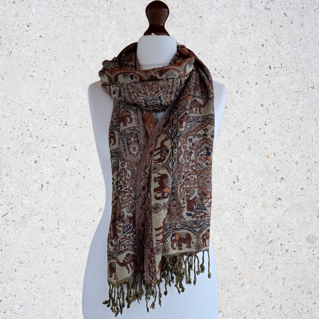 Elegant Brown Designer Scarf/Shawl with Elephant & Camel Work
